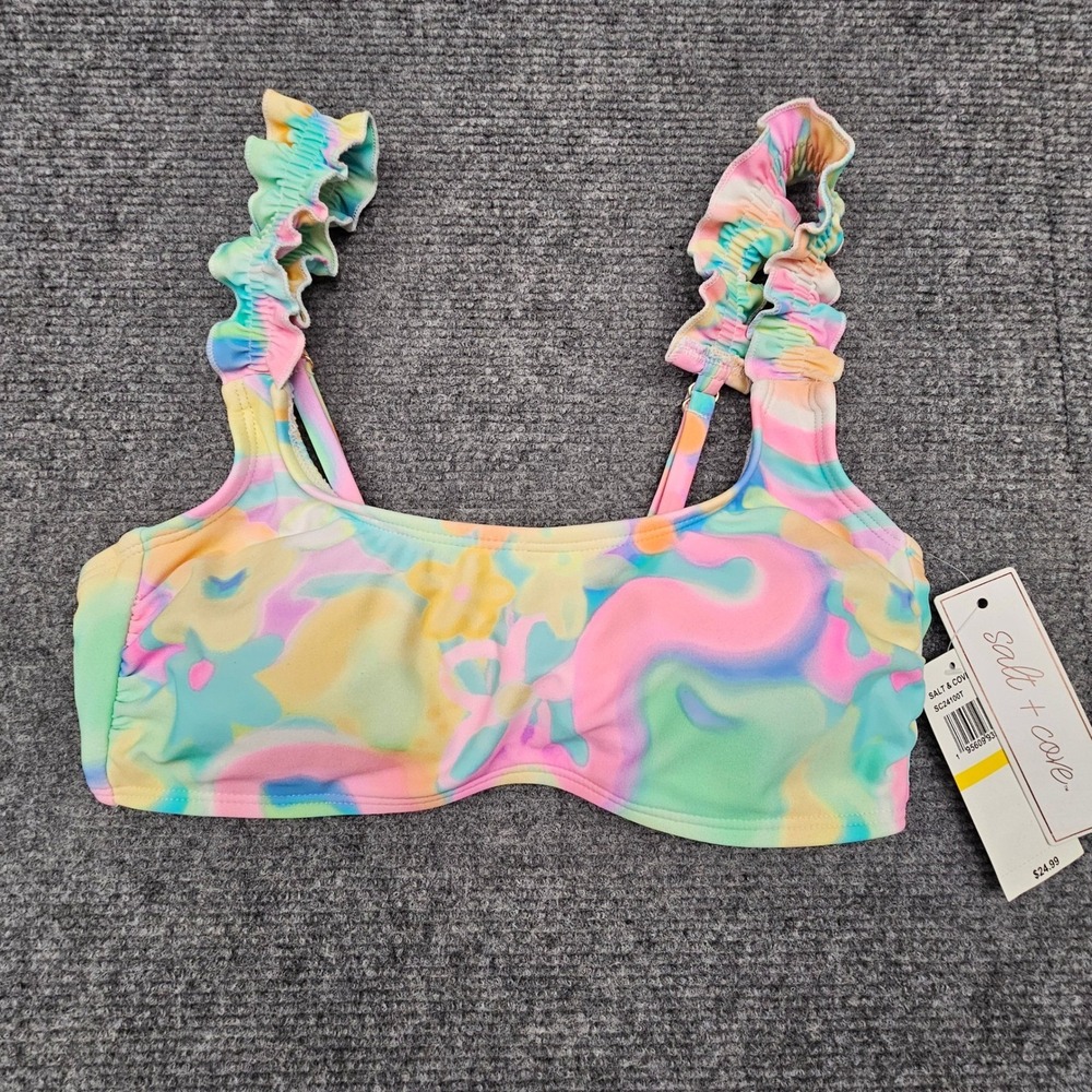 Salt + Cove Women Bikini Top Ruffle Straps Tie Back Floral Psychedelic Multi M